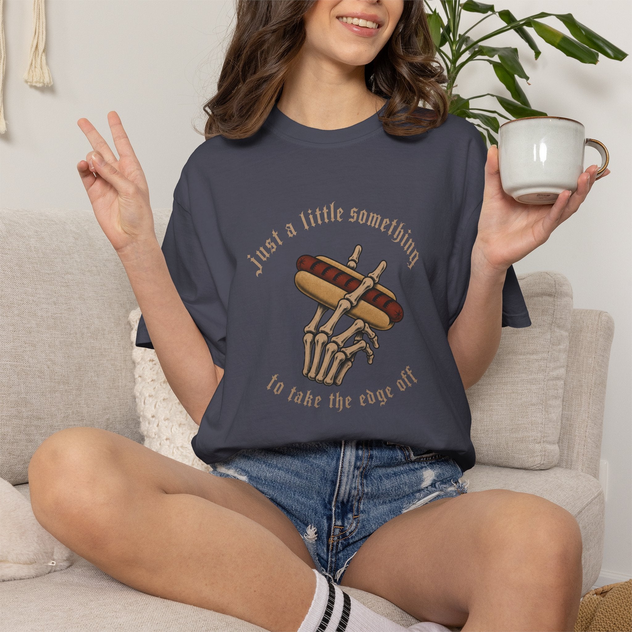 Gothic T-Shirt Hot Dog Cigarette Smoking Skeleton