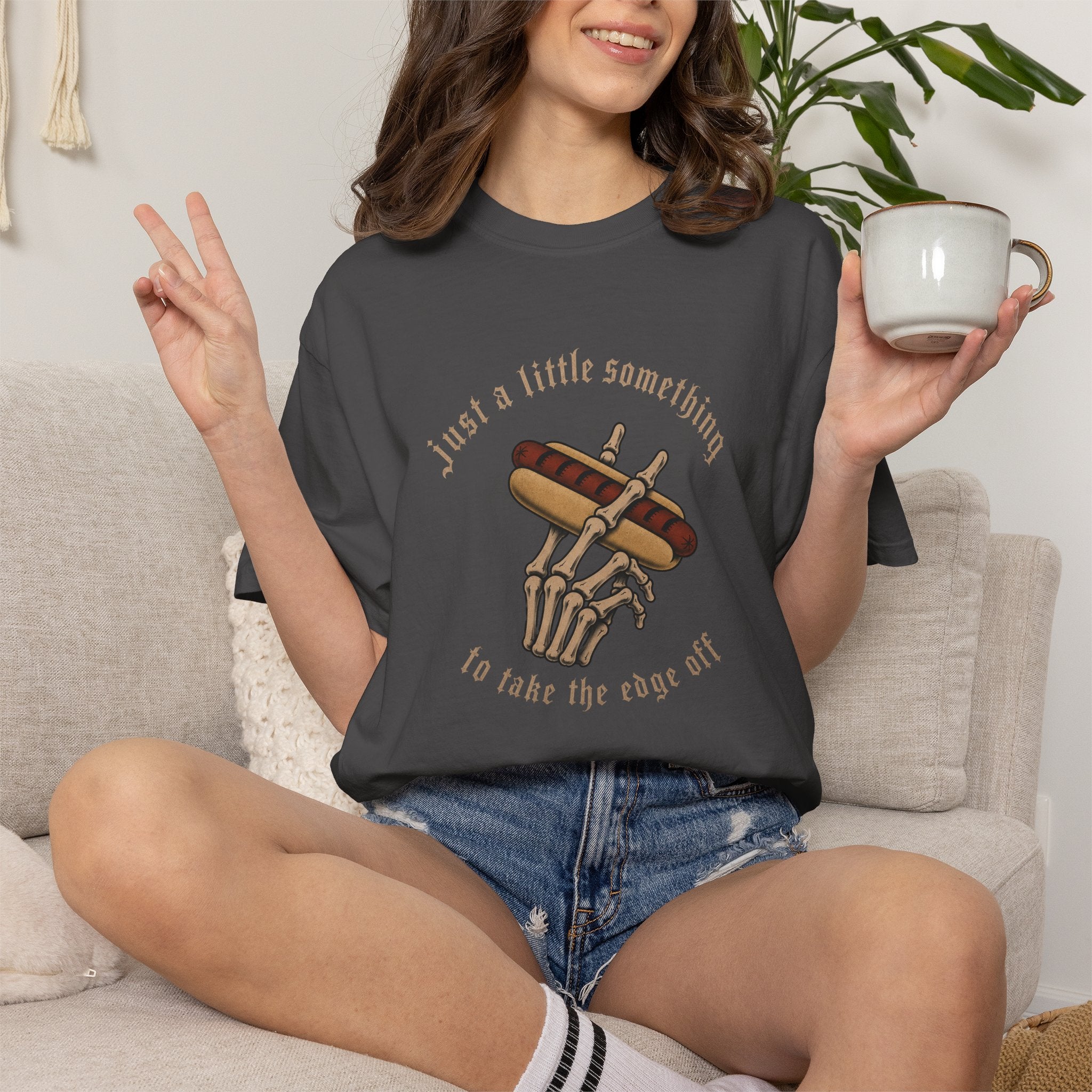 Gothic T-Shirt Hot Dog Cigarette Smoking Skeleton